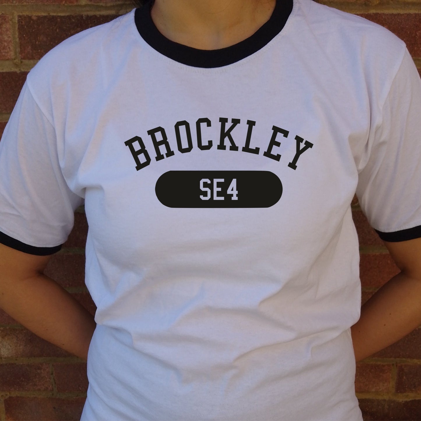 Brockley SE4 Ringer T-Shirt - South London Souvenir, Custom Print Available, Ivy League Style, Various Colours