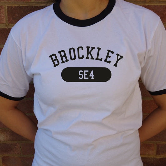 Brockley SE4 Ringer T-Shirt - South London Souvenir, Custom Print Available, Ivy League Style, Various Colours