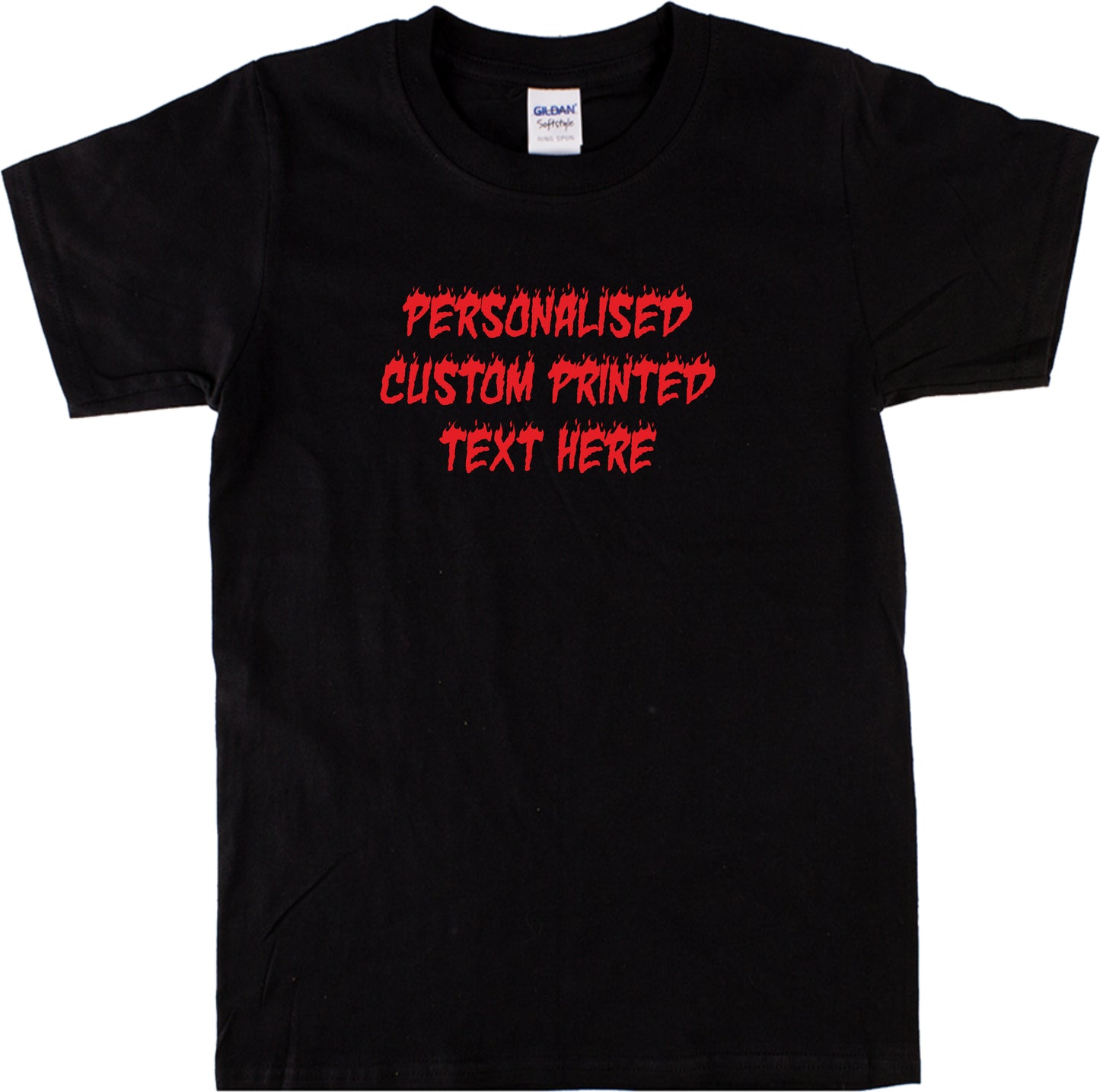 Personalised Custom Print T-Shirt - Flame Font, Fire, Rocker, Various Colours