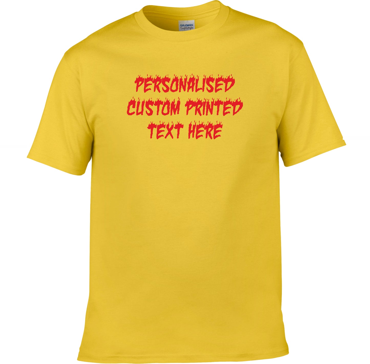 Personalised Custom Print T-Shirt - Flame Font, Fire, Rocker, Various Colours