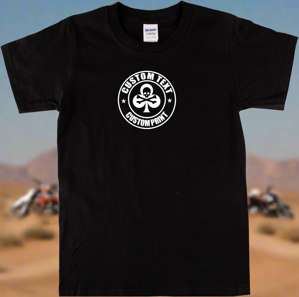 Custom Print Skull Logo T-Shirt - Club, Clover, Rocker, Punk, Various Colours