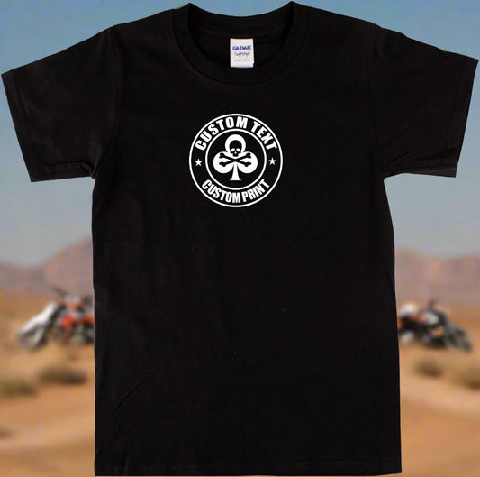 Custom Print Skull Logo T-Shirt - Club, Clover, Rocker, Punk, Various Colours