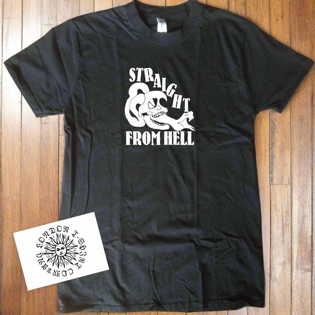 'Straight From Hell' Skull T-Shirt - Organic Cotton, Skull And Snake Rocker, Tattoo Style Top, S-XXL