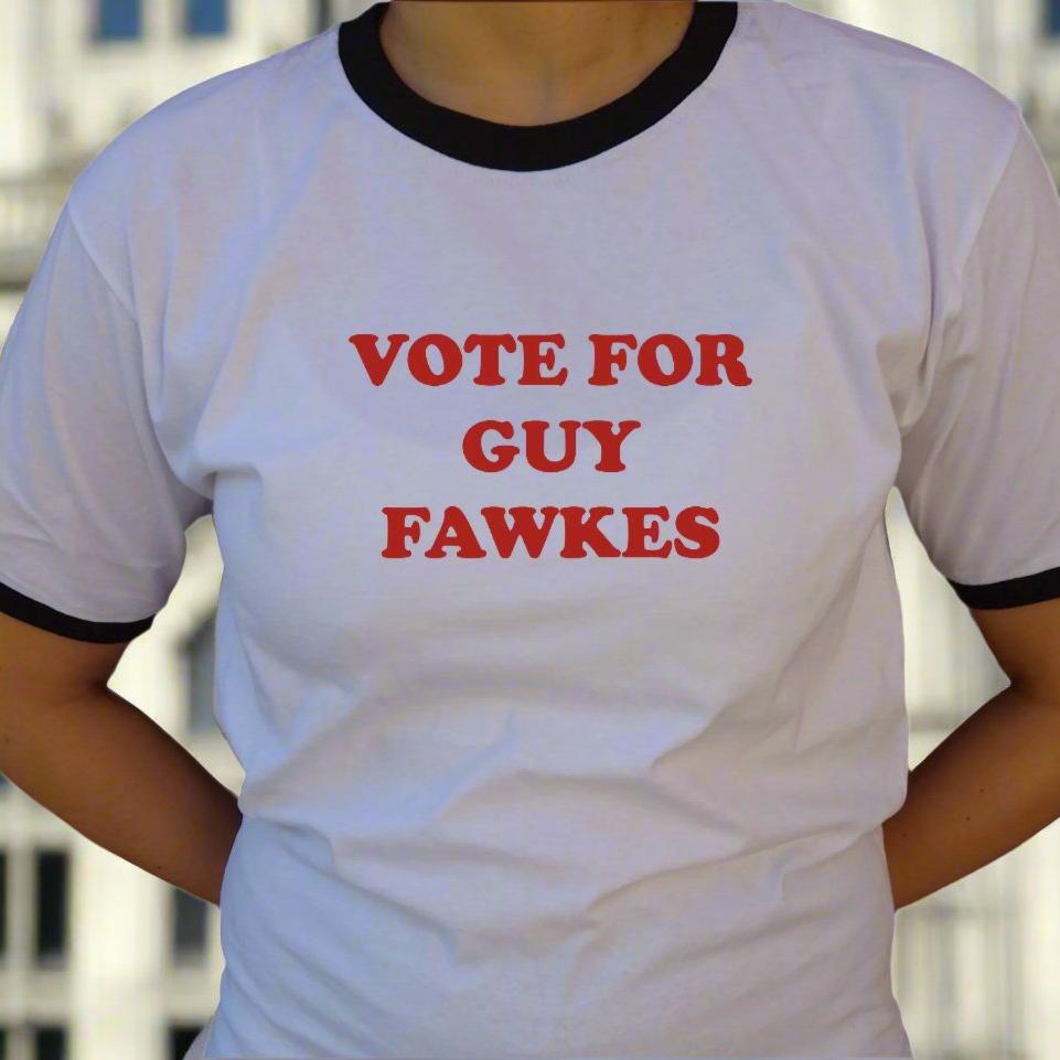 Vote Guy Fawkes Ringer T-Shirt - Napoleon Dynamite College Style, Political Protest, Various Colours