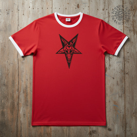 Pentagram Ram Ringer T-Shirt - Wicca, Witchcraft, Pagan, Occult, Various Colours S-3XL