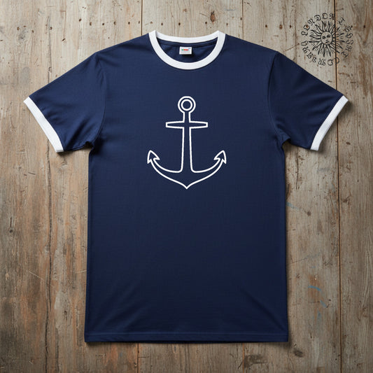 Anchor Ringer T-Shirt: Tattoo Style, Retro Sea Navy, Travel, Various Colours S-3XL