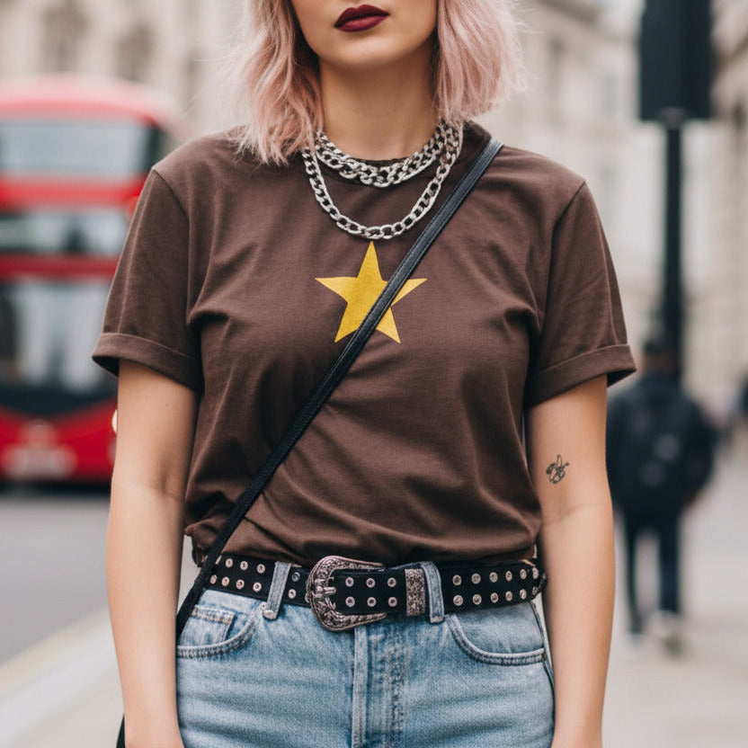 Star T-Shirt - Brown top with yellow star, Retro Sub Culutre Style, S-XXL