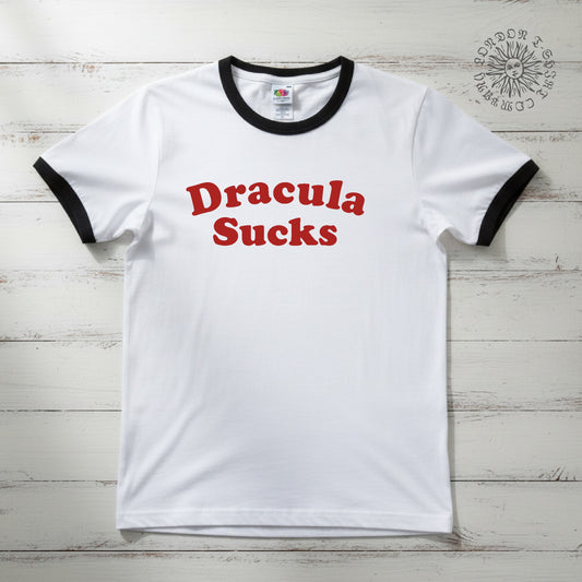 Dracula Sucks Ringer T-Shirt - Retro Vampire, 70's Style, S-3XL, Various Colours