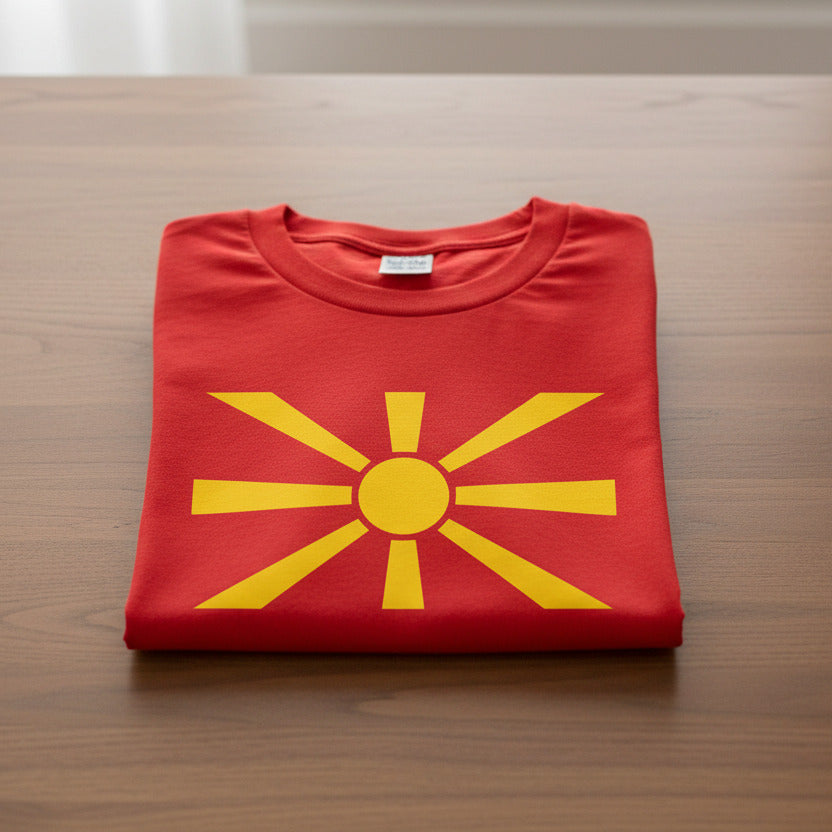 North Macedonia Sun Flag T-Shirt - Red Souvenir Top, S-XXL