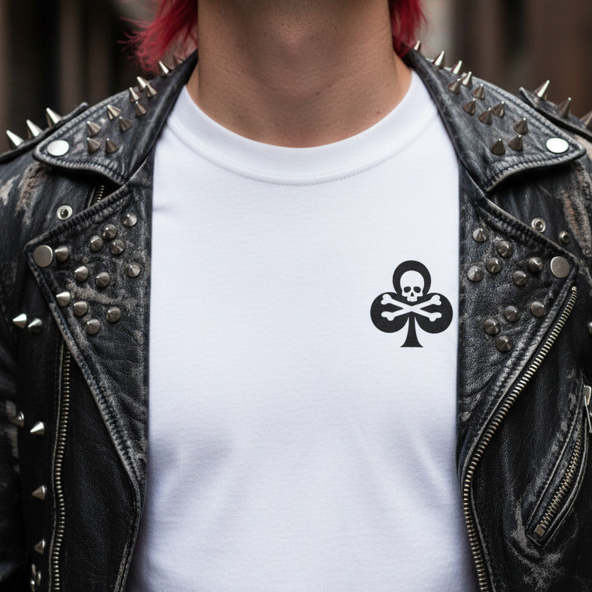 Skull Pocket Logo T-Shirt - Clubs Cards, Clover, Punk Rock, Rockabilly, Biker, Various Colours