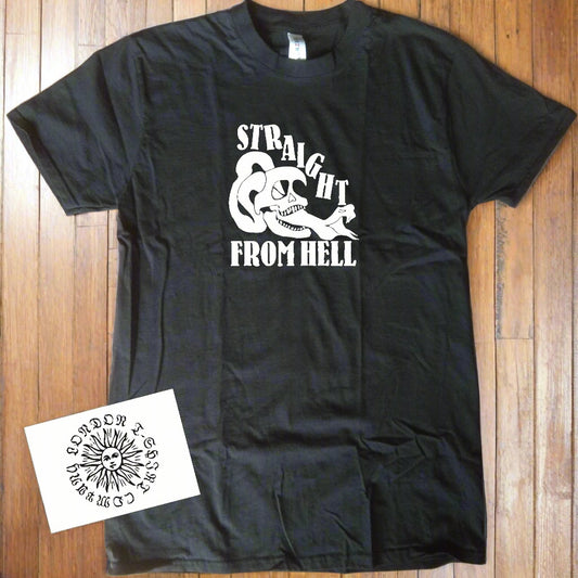 'Straight From Hell' Skull T-Shirt - Organic Cotton, Skull And Snake Rocker, Tattoo Style Top, S-XXL