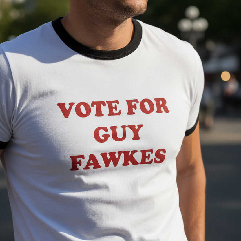 Vote Guy Fawkes Ringer T-Shirt - Napoleon Dynamite College Style, Political Protest, Various Colours S-3XL