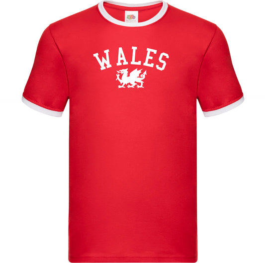 Wales Ringer T-Shirt - Retro Style, Welsh Dragon Souvenir, S-XXL