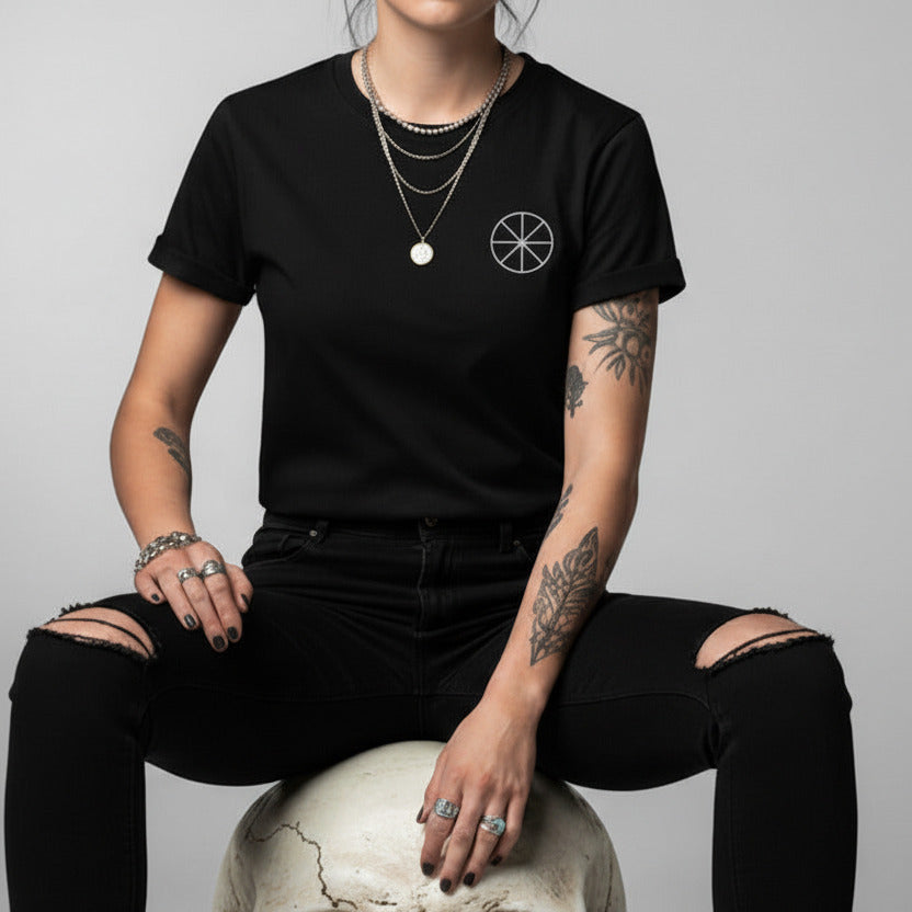 Pagan Wheel Of The Year Pocket Logo T-Shirt - Wicca, Sun Wheel, Gothic, S-XXL