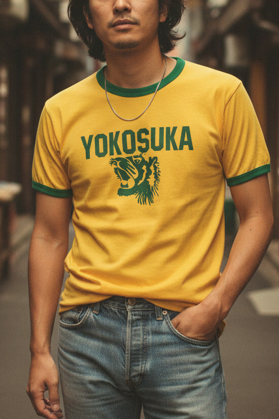 Yokosuka Ringer T-Shirt - Retro Japanese Souvenir Top, Tiger, Various Colours
