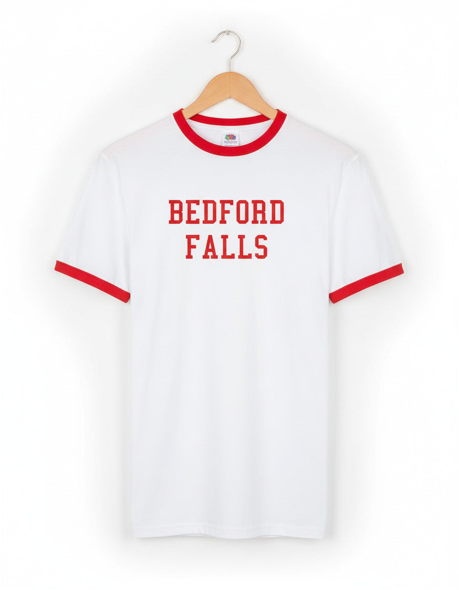 Bedford Falls, Christmas Ringer T-Shirt - 'It's A Wonderful Life' Fictional Town, S-XXL
