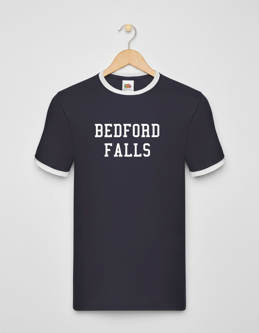 Bedford Falls, Christmas Ringer T-Shirt - 'It's A Wonderful Life' Fictional Town, S-XXL