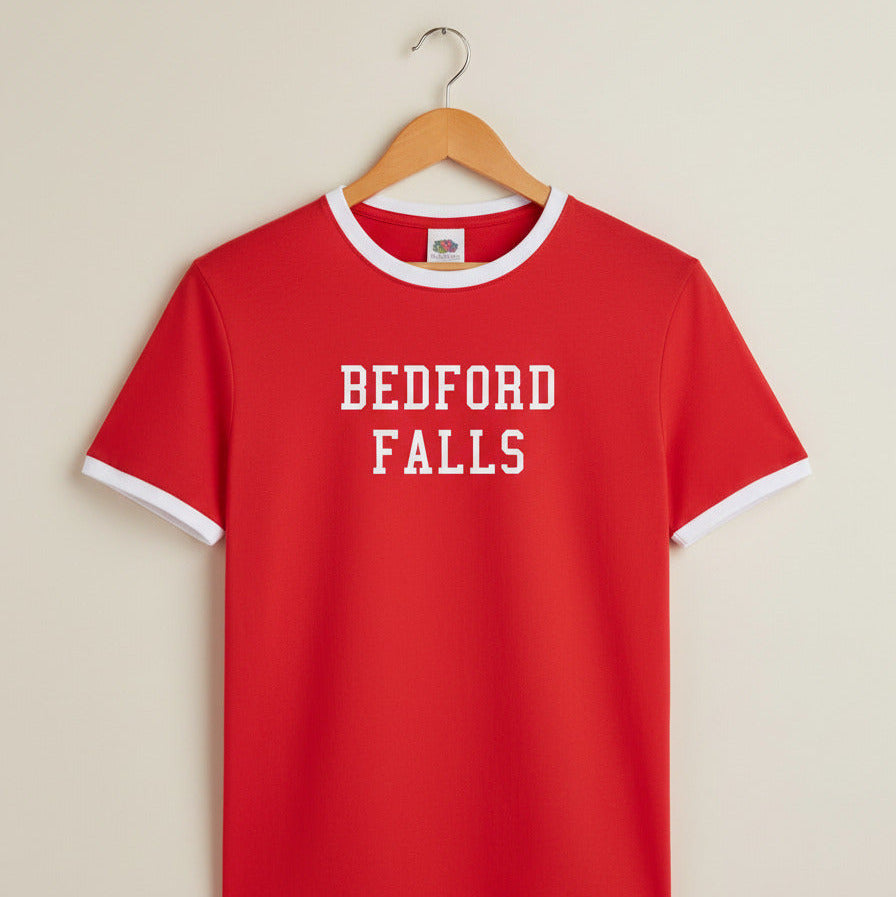 Bedford Falls, Christmas Ringer T-Shirt - 'It's A Wonderful Life' Fictional Town, S-XXL