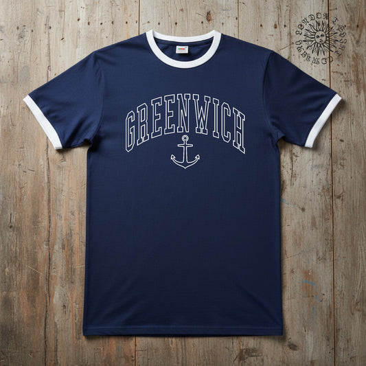 Greenwich Anchor Ringer T-Shirt - London Souvenir, Travel, Various Colours S-3XL