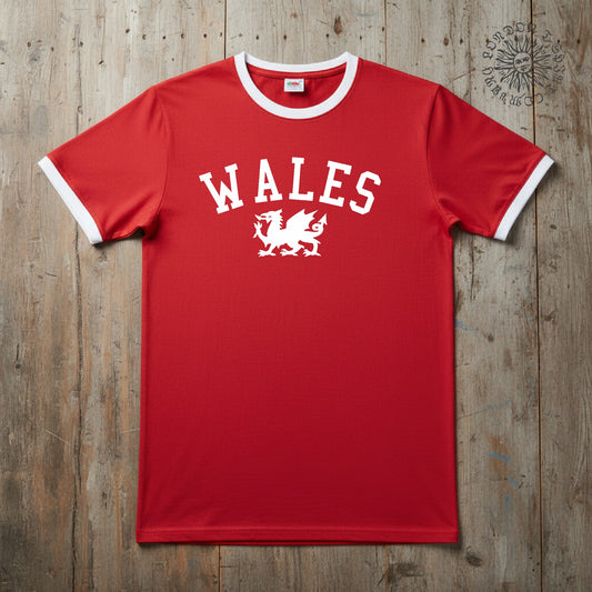 Wales Ringer T-Shirt - Retro Style, Welsh Dragon Souvenir, S-3XL