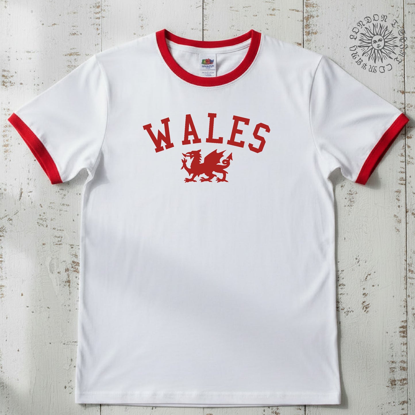 Wales Ringer T-Shirt - Retro Style, Welsh Dragon Souvenir, S-3XL